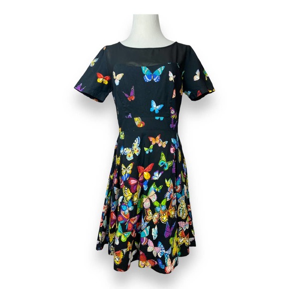 Rene Derhy Black Butterfly Fit and Flare Dress with Sheer Neckline Size Medium - Picture 1 of 10